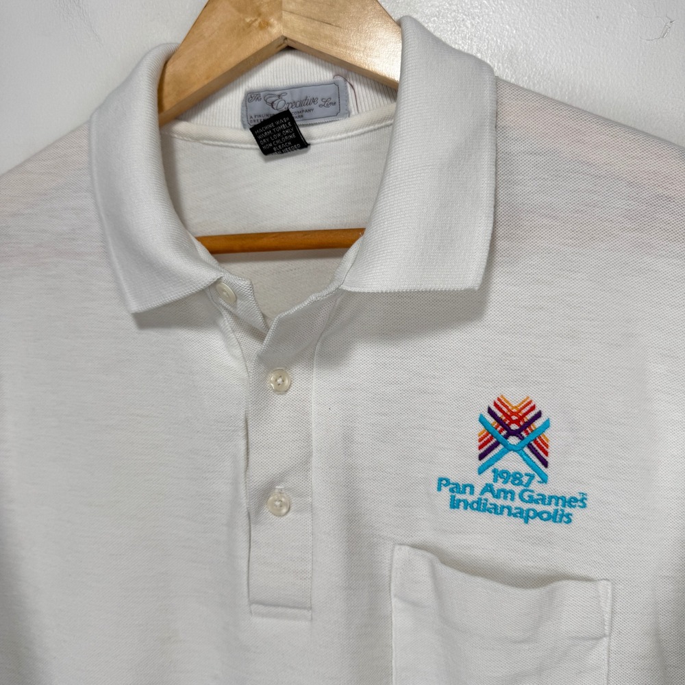 Vintage 1987 Pan Am Games Indianapolis Polo Shirt Men Large White Wicking *READ - Picture 3 of 10